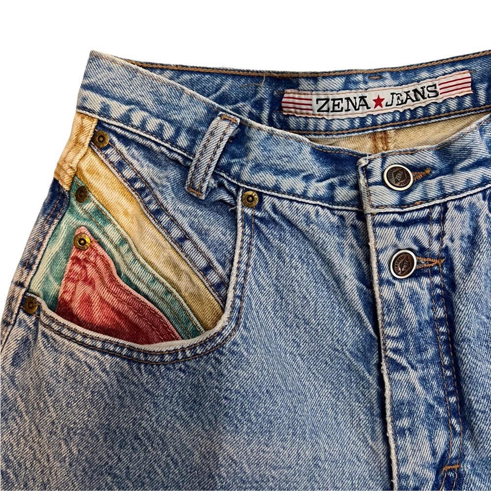 Vintage Zena Size 2 Blue Acid Wash Rainbow Colorful Pockets Straight Leg Jeans - Picture 6 of 9